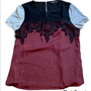 Women’s Large Mixed Media Lace Design Maroon Black and Gray Short Sleeve Top